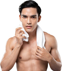 Handsome shirtless Asian man wiping sweat PNG file no background 