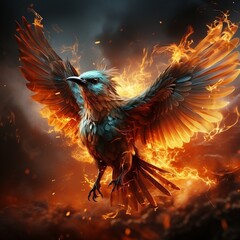 An image of a burning bird flying in flame on a black background
