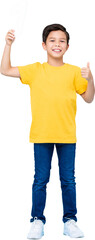 Cute mixed race boy giving thumbs up and holding number one PNG file no background 