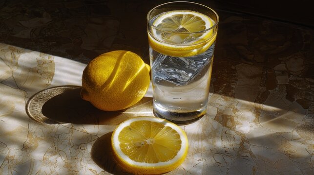a glass of water with a slice of lemon next to it and a half of a lemon on a plate.