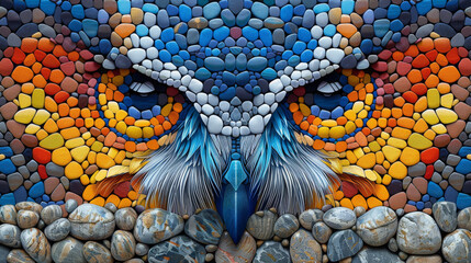 a painting of a bird made out of rocks and stones with a colorful design on the side of it's face. - obrazy, fototapety, plakaty
