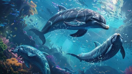 Magical dolphins swimming in a vibrant coral reef - Captivating digital artwork of dolphins swimming with ethereal grace in a rich, colorful coral reef environment