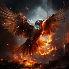 An image of a burning bird flying in flame on a black background