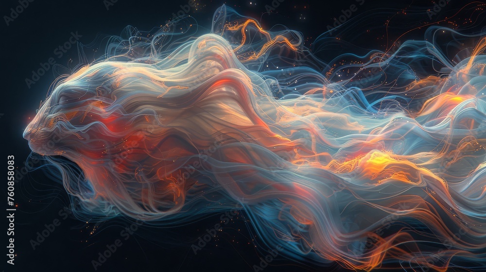 Aufkleber a computer generated image of a wave of white and orange smoke on a black background with a red ligh