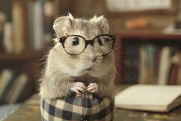 Scholarly hamster with glasses on a book - This image of a hamster with glasses captures the concept of education with a touch of humor