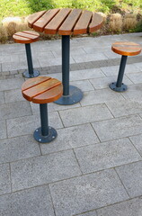 Table Wooden Park Gray Paving Stones