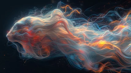Photo sur Aluminium Ondes fractales a computer generated image of a wave of white and orange smoke on a black background with a red light at the end of the wave.