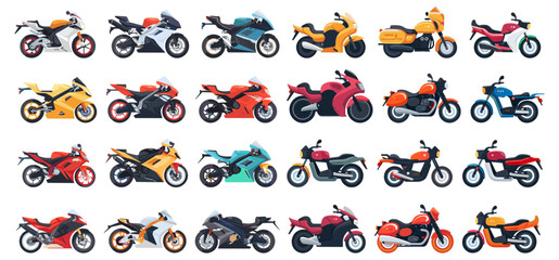 Fototapeta premium Cartoon flat motorbikes side view set isolated on white background. Motorcycle and motorbike equipments models, moto scooters