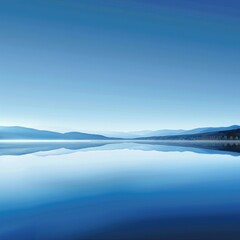 Fototapeta premium Tranquil lake landscape during sunrise - Serene panoramic landscape of a calm lake with a beautiful sunrise over a forested mountain