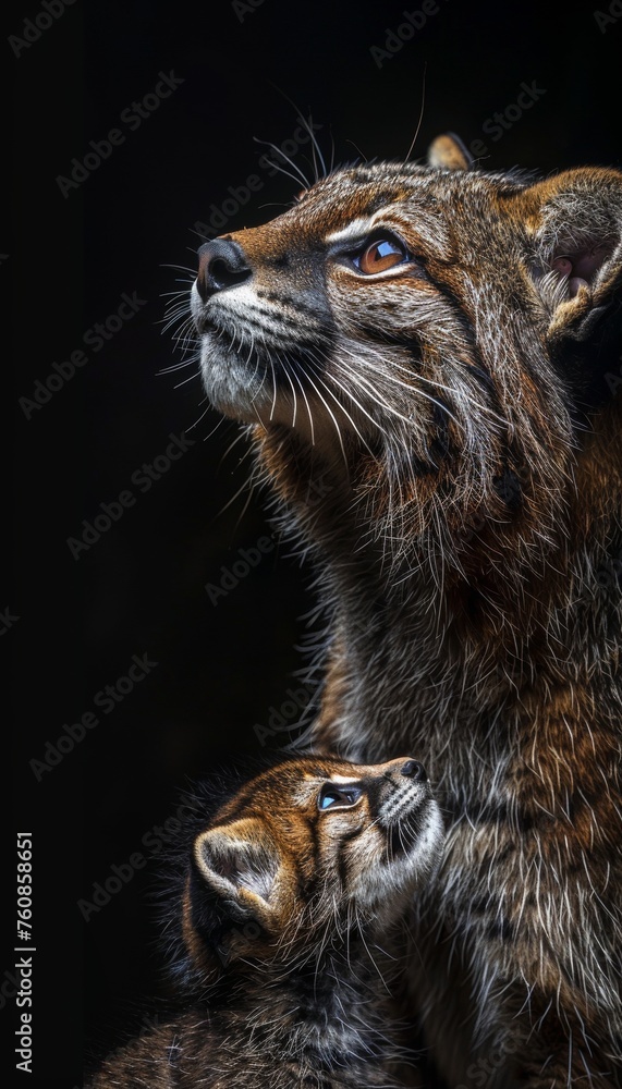 Poster bornean bay cat and kitten portrait with space for text, featuring object on right side