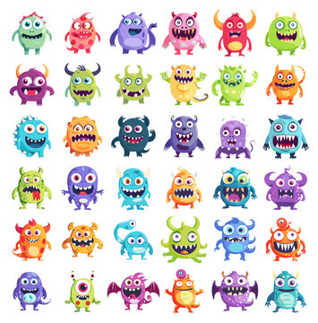 Cartoon goblins. Goofy funny monsters characters on white, party gremlin mascots collection isolated vector illustration