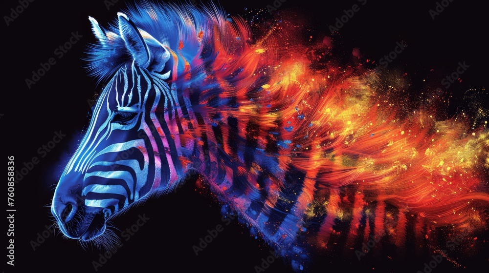 Poster a close up of a zebra's head with a multicolored pattern on the side of it's face.