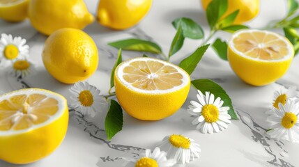 a group of lemons sitting on top of a table next to daisies and daisies on a white surface.