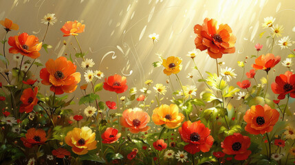 Spring meadow, seasonal background, painting, generative ai - obrazy, fototapety, plakaty