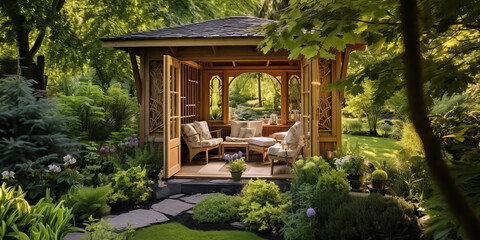  Nice wooden garden house with seating. Natural building materials for home.