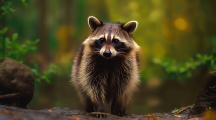 Obraz premium Raccoon in the forest. Wild raccoon in the forest