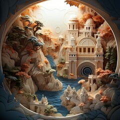 An intricately carved paper sculpture of a temple located inside a mountain frame