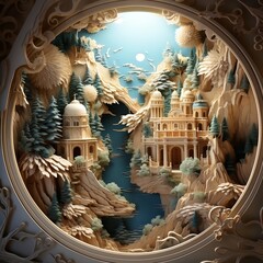 An intricately carved paper sculpture of a temple located inside a mountain frame