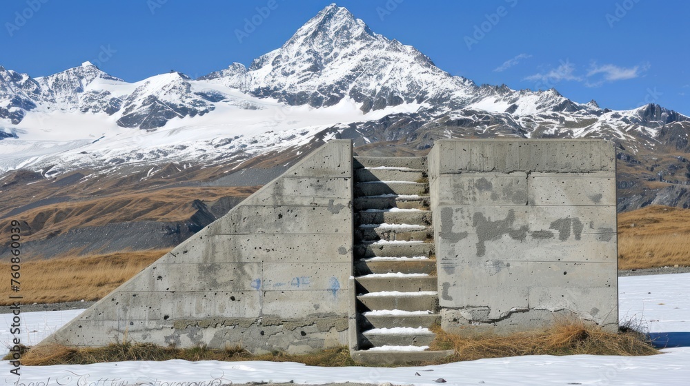 Poster a concrete structure with a staircase leading up to the top of it in front of a snow - capped mounta