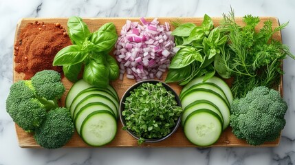 Collection of fresh green vegetables and fruits. Food photography. Source of protein for...