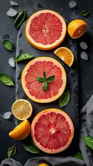 Sliced ​​grapefruit and lemons on a dark background with green mint leaves.
Concept: detoxification and healthy drinks, advertising of fruit shops or diet programs