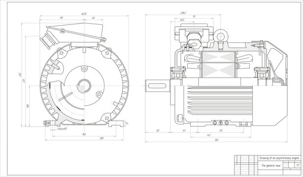 Vector engineering technical drawing of asynchronous
motor. The design of mechanical part
of machine with dimension lines. Cad schematic diagram. 
The general view. Assembly project.