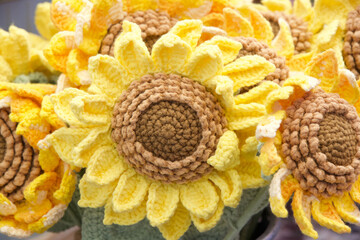 Close up on bouquet of beautiful crochet sunflowers. Hand crafted.