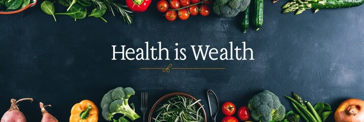 Fresh vegetables and fruits on gray background healthy food. "Health is Wealth" concept