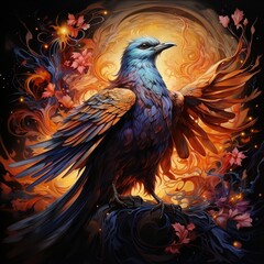 An oil painting of a colorful bird with a fiery tail