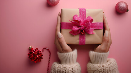 Women holding gift box in hand, plan background