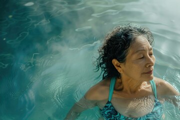 An elderly Asian woman in a swimsuit sits and swims in a hot thermal spring. There is hot steam from the water all around. holiday concept - obrazy, fototapety, plakaty