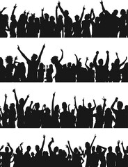 Party crowd silhouettes. Partying dancing people outline backgrounds, fun events persons shadows - obrazy, fototapety, plakaty