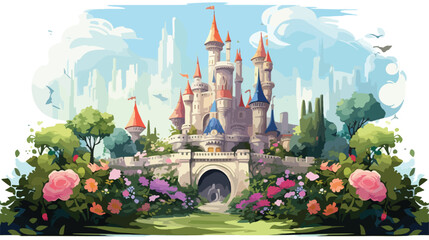A whimsical fairy tale castle surrounded by lush ga - obrazy, fototapety, plakaty