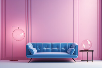 Fototapeta na wymiar Blue sofa in a modern pink interior