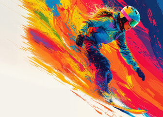 Dynamic snowboarder in action with vivid color splashes illustrating motion and olympic winter sport - 760862049
