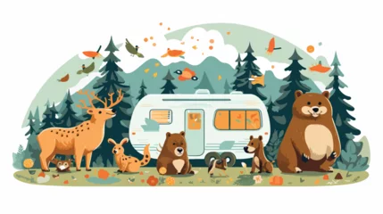 Fotobehang A whimsical scene of animals having a camping trip © zoni