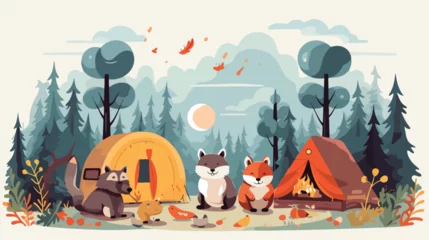 Raamstickers A whimsical scene of animals having a camping trip © zoni