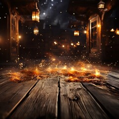 An old wooden floor background with fire and sparks