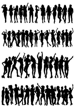 Teenagers party silhouettes. Dancing excited young people poses, funky sensual disco characters group