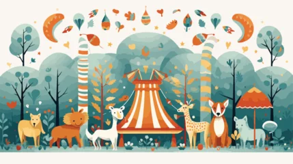 Muurstickers A whimsical scene of animals having a carnival in t © zoni