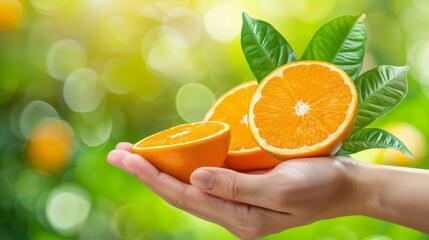 Organic orange selection  hand holding fresh fruit on blurred background with copy space