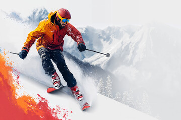 Dynamic skier in action on a snowy slope: A vivid capture of winter sports and athletic prowess - 760862655