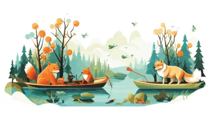 Tuinposter A whimsical scene of animals having a fishing trip © zoni