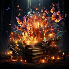 An open book decorated with butterflies and bright lights