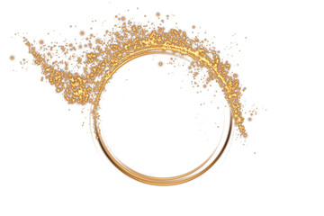 Golden round shape with small dust trail particles and lights. Abstract light lines of motion and speed with golden colored sparks. Light everyday glowing effect. Semicircular wave. Curve light track 