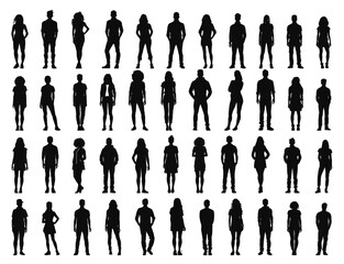 Young people silhouettes. Teenage girls and boys outline drawings, women and men models shadows, teenagers persons black stencils on white