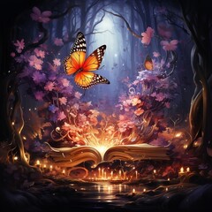 An open book decorated with butterflies and bright lights