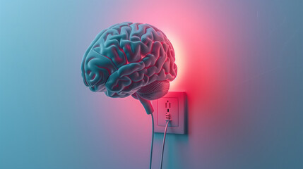 Brain AI connected to energy. Brain connected to electricity. Neon lights - obrazy, fototapety, plakaty