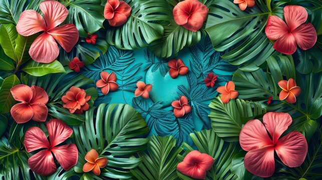 a painting of tropical leaves and flowers on a blue background with red and pink flowers on the left side of the image.