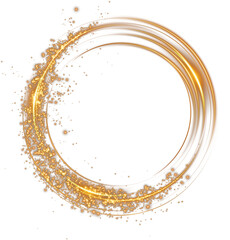 Golden round shape with small dust trail particles and lights. Abstract light lines of motion and speed with golden colored sparks. Light everyday glowing effect. Semicircular wave. Curve light track 